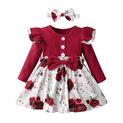 Image of Joureker Infant Baby Girl Dress Ruffle Long Sleeve Floral Printed Baby Girls Sundress Outfits, Red, 6-9 Months