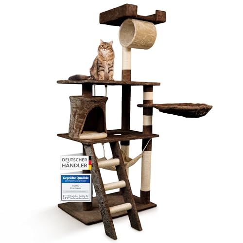 Foxdevil by xonic® Stabiler Kratzbaum für Katzen - Vielseitiger Katzenkratzbaum mit Aussichtsplattform, Hängematte, Kuschelhöhle, Spielkordel, Treppe – 141 cm Hoch – (Braun/Beige V1)