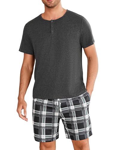 Uniexcosm Pijama Corto de Hombre Verano Conjunto de Pijama Hombre Corto Manga 2 Piezas Ropa de Dormir Camisetas Manga Corta y Pantalones Cortos a Cuadros Gris Oscuro-1 3XL