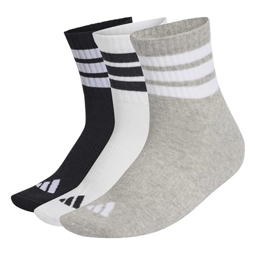 adidas Mixte 3 STRIPES CUSHIONED SPORTSWEAR MID CUT SOCKS 3 PAIR PACK, medium grey heather/white/black, 40-42