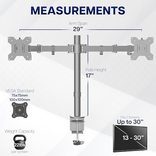 Image of VIVO Dual Monitor Desk Mount, Heavy Duty Fully Adjustable Steel Stand, Holds 2 Computer Screens up to 30 inches and Max 22lbs Each, Gray Color, STAND-V002-GY