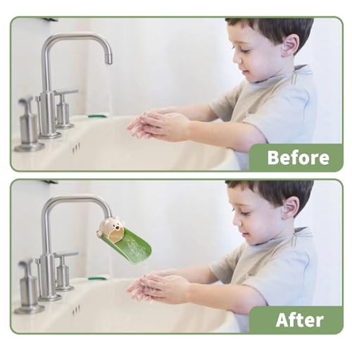 Image of Silicone Animal Faucet Extender for Kids, Bathroom Sink, Kitchen, Bathtub Extension, 4.7x2.8 inches (Green, Bear)