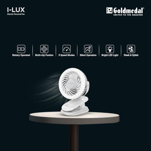 Image of Goldmedal I-Lux 100 mm Portable Desk Mounted Clip Fan| Multi-Clip Function| Type-C USB-Powered Rechargeable Battery with 6-7 Hours Backup| Bright Light | Personal Fan for Home & Office (White)