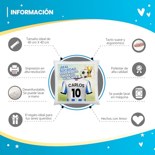 Kembilove® Cojín de Fútbol Personalizado Real Sociedad con Nombre y Número | Almohada Decorativa Txuri-Urdin | Regalo Original para Aficionados y Niños Futboleros