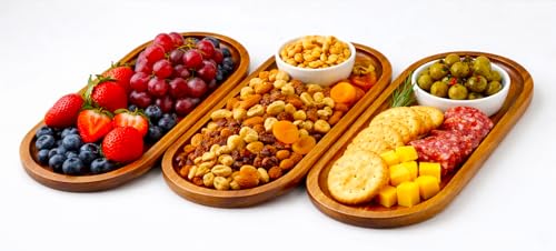 Image of Premium Luxury 100% Natural Acacia Wood Serving Tray Set of 3, Wooden Oval Snack Tray for Kitchen, Coffee, Fruits & Decor, Durable Food-Safe Serving Platter, Natural Finish