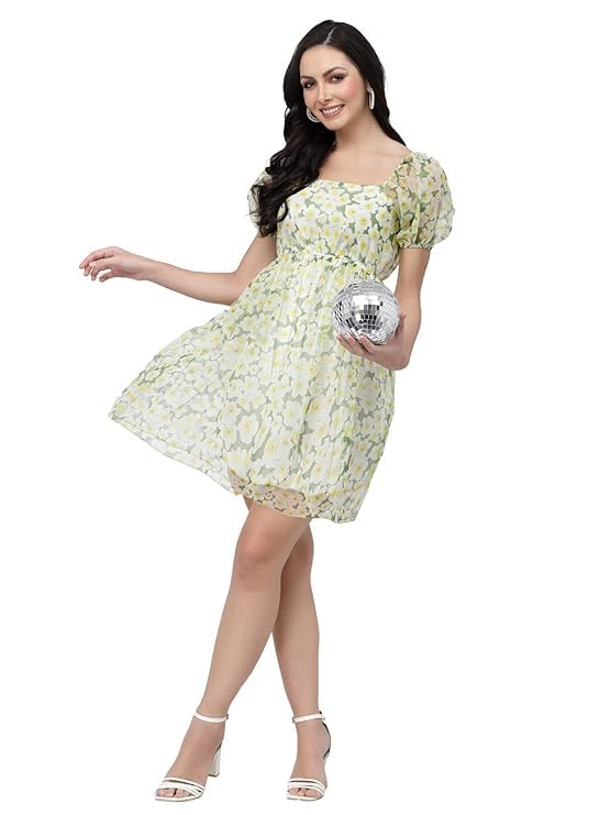 Image of Women Floral Organza Skater Dress Fit & Flare Short Dress Knee Length,Sizes S-XXL