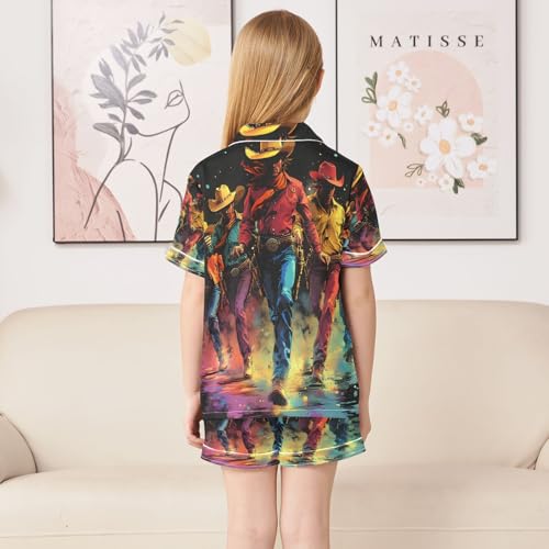 ALAZA Colorful Cowboy Dance Satin Pajamas Set Short Sleeve Button Down Sleepwear Summer Pjs 2 Piece4