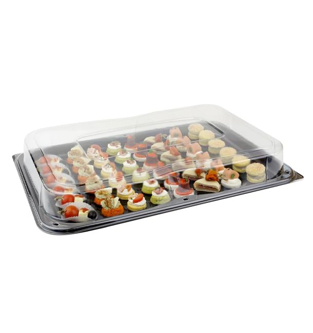 25 Bandejas de Plástico, 55x37cm, Color Negro, Bandejas Reutilizables, con Tapa, Platos para Aperitivos, Catering o Eventos, Restaurante y Hostelería
