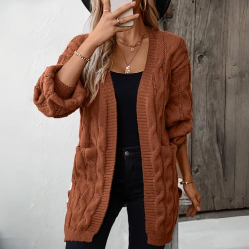 Image of Womens Cable Knit Long Sleeve Open Front Cardigan with Pockets, Mid Length Long Cardigans for Women Lightweight