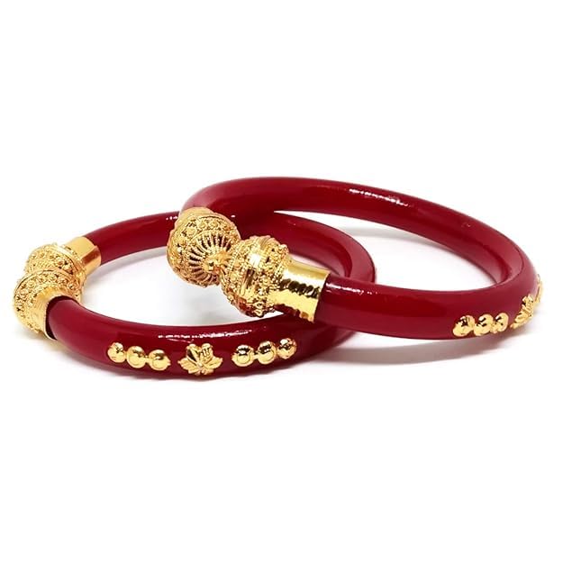 EXPORT STORE Maroon Colored Pola Gold-plated Flower Shape Bangle Set (Pack of 2)