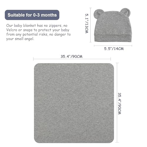 Image of DRESHOW BQUBO Cotton Baby Swaddle Hat Set Newborn Infant Receiving Blankets with Bear Ears Hat Wooden Birth Announcement Card Newborn Unisex Swaddle Wrap Sets Warm Shower Gift