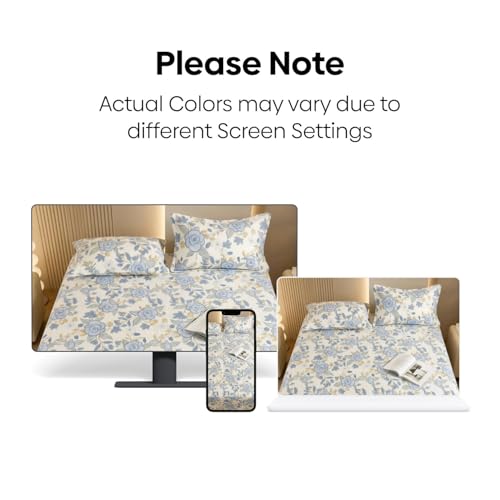 Image of Marrow Lane 300 TC Soft Air Cotton Double Bedsheet | Garden Reverie | Flatsheet with 2 Pillow Covers | Watercolour Floral Print (228.6 x 254 cm, Ivory & Blue)