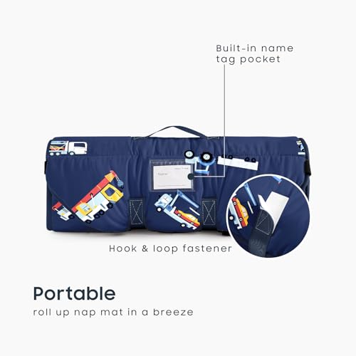 Image of Wake In Cloud - Cot Nap Mat with Pillow and Blanket, 100% Cotton Fabric, for Toddler Kids Boys Ages 3 Plus in Daycare Kindergarten Preschool with Elastic Corner Straps, Cars Cranes Trucks