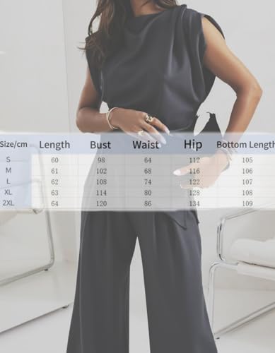 2025 New Women's Round Neck Pleated Sleeveless Casual Suit, Solid Color Irregular Crewneck Vest Wide Leg Pantsuit2