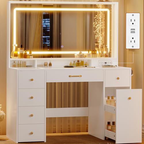 UPOSOJA 49.3“Large LED Mirror with Lights,Makeup Vanity Desk with 6 Drawers,Power Outlet,Glass Tabletop,Storage Shelf,Rolling Makeup Cart,Hairdryer Rack White