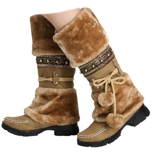 SACFOF Mid Calf Boots for Women,Winter Lace Up Pompoms Platform Anti-Slip Furry Snow Boots Fur Lined Keep Warm Knight Boots - Main Image
