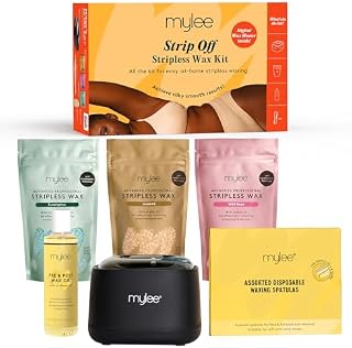 Mylee Strip Off Wax Kit - Professional Hair Removal Set with Digital Wax Heater & Hard Stripless Wax (3x250g), for Face, Body, Bikini, Painless, Peelable Hot Wax, Salon-Quality Home Waxing Essentials
