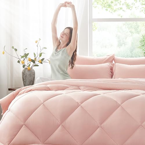 Anluoer Twin Comforter Set,Pink Bed in a Bag 5 Piece,Lightweight Bedding Set with Soft Down Alternative Fill,Bed Set Includes Comforter, Fitted Sheet, Flat Sheet,Pillowcase and Sham