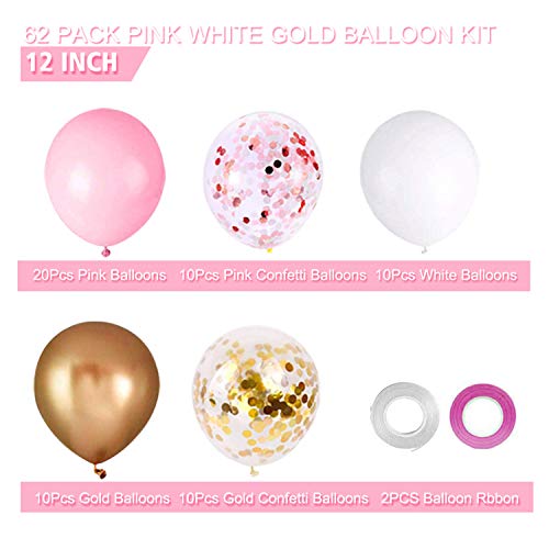 OuMuaMua 60Pcs Pink Gold Confetti Latex Balloons Kit, 12 Inch Pink White Gold Helium Balloons Party Supplies for Confession Proposal Wedding Girl Birthday Baby Shower Party Decoration - Image 7