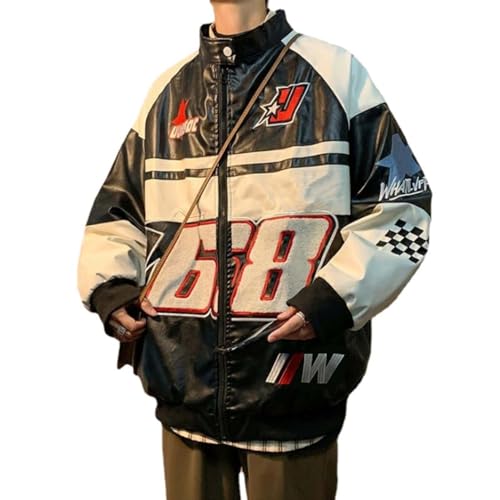 POHADON Mens Varsity Jacket PU Leather Vintage Racing Motor Biker Graphic Bomber Jackets Oversized Unisex Y2k Streetwear