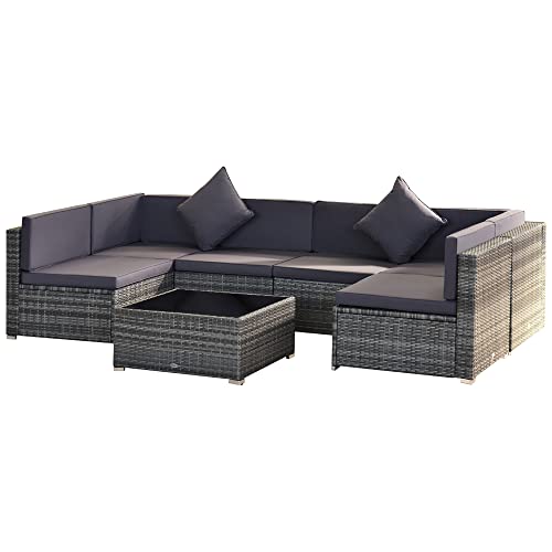 Outsunny 7-Piece Patio Furniture Sets Outdoor Wicker Conversation Sets All Weather PE Rattan Sectional Sofa Set with Cushions & Tempered Glass Desktop, Grey