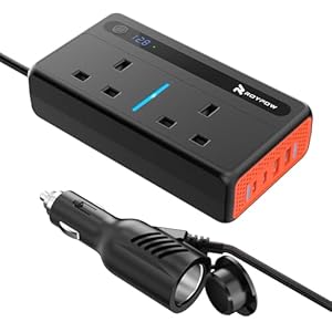 RoyPow Power Inverter DC 12V to AC 240V, 300W Car Voltage Converter Transformer with 3-Pin Sockets & 4-USB Ports for Charging Phones, Laptop, Tablets, GPS Units, TV, Camping Equipment