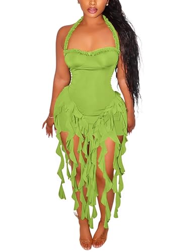 Image of Aro Lora Womens Sexy Halter Neck Sleeveless Ruffle Tassel Party Club Bodycon Mini Dress