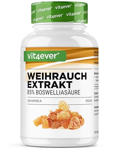 vit4ever Weihrauch Extrakt - 365 Kapseln - Premium: 85% Boswellia-Säure - Hochdosiert mit 1000 mg je Tagesdosis - Echtes indisches Boswellia Serrata - Laborgeprüft - Vegan