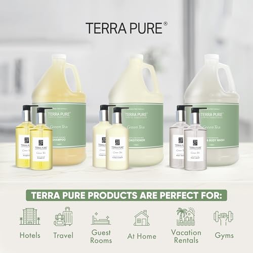 Terra Pure Gallon & Dispenser Set | 1-Shoppe All-In-Kit | Shampoo Conditioner Body Wash Gallon | Refillable 10.14 oz. Matching Pump Bottles