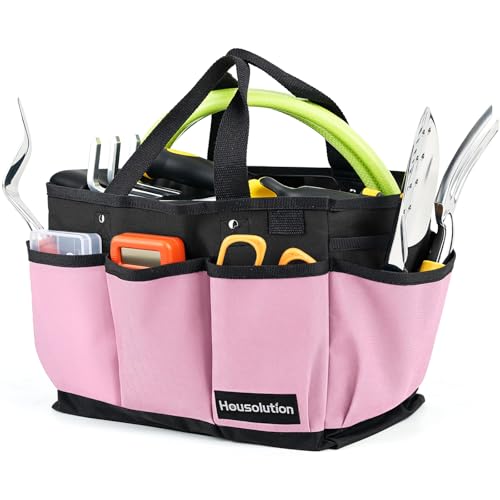 Housolution Gardening Tote Bag Deluxe Garden Tool Storage Bag and Home Organizer with Pockets Wear-Resistant & Reusable 14 Inch Pink