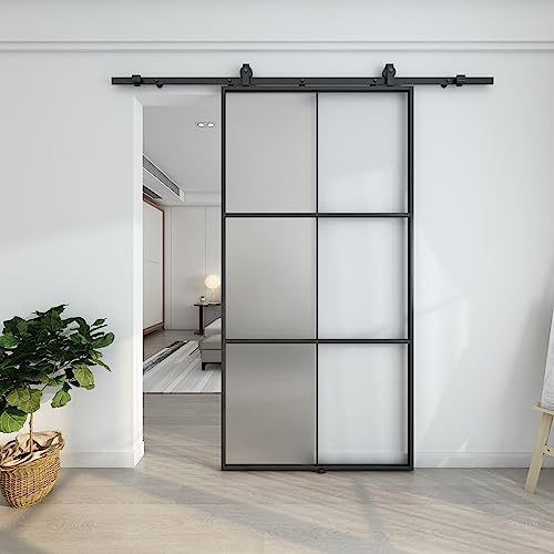 Barnsmith 42in x 84in Aluminum Glass Barn Door Panel - DIY Frosted Tempered Glass Door Slab - Easy Assembly
