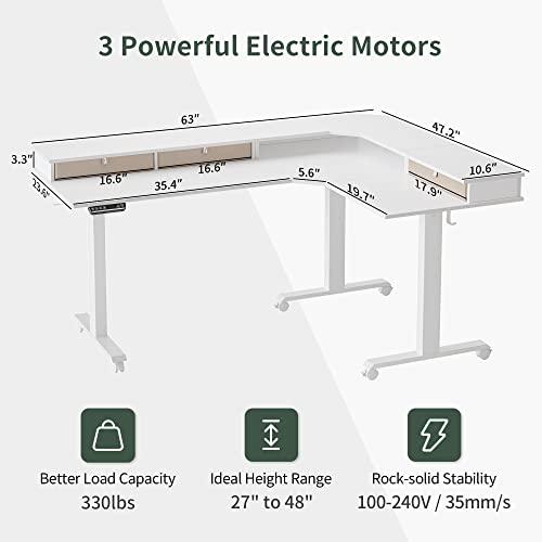 Image of FEZIBO Triple Motor 63 inch L Shaped Standing Desk with 3 Drawers, Electric Standing Gaming Desk Adjustable Height, Corner Stand up Desk with Splice Board, White Frame /White Top