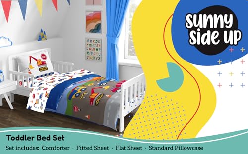 Sunny Side Up Construction Zone Toddler Comforter Set - 4 Piece Preschool Bedding Includes Comforter, Sheets & Pillow Cover - Super Soft Vehicles Microfiber Bed Set