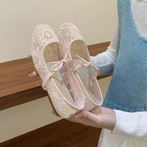 Lace Ballet Flats for Women, Ballet Flats with Strap, Pink Elegant Square Mesh for Girls, Comfortable Party3