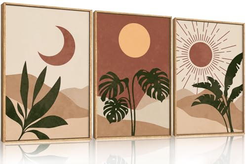 Image of KAIRNE Vintage Sun and Moon Framed Canvas Wall Art Set,Boho Desert Botanical Wall Decor,Abstract Green Terracotta Art Prints,Retro Minimalist Artwork for Living Room,Bedroom,Farmhouse,Office-24 inchx36 inchx3