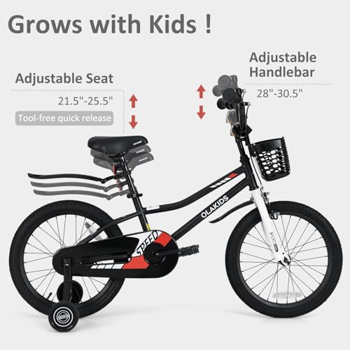 Image of Olakids Kids Bike, 12 14 16 18 Inch Toddlers Bike with Training Wheels Basket Adjustable Seat and Handlebar, Handbrake and Coaster Brake, Children's Bicycle for Boys Girls 3-8 Years Old