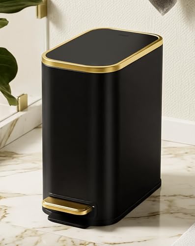 Image of Cesun Small Bathroom Trash Can with Gold Grimmed Lid & Pedal, 1.3Gal, Black