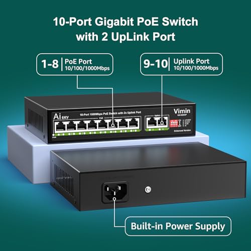 Image of 10-Port Gigabit PoE Switch, VIMIN 8-Port Unmanaged 10 /100 /1000Mbps Network PoE Switch with 2 Uplink Ports, AI Watchdog PoE Switch, VLAN, Extend 250m, Support IEEE802.3af /at