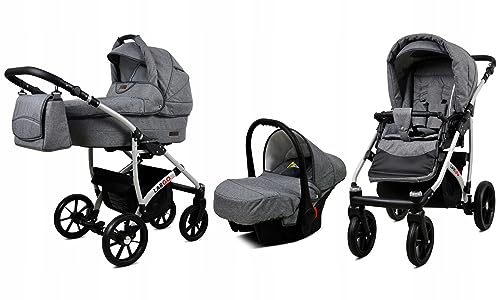 BabyLux® Enfant Poussette Combinée Set 3 en 1 - Largo - incl. Nacelle, Canne, Siège de voiture - Siège Auto - Pliable - avec Sac à langer, Habillage pluie,...