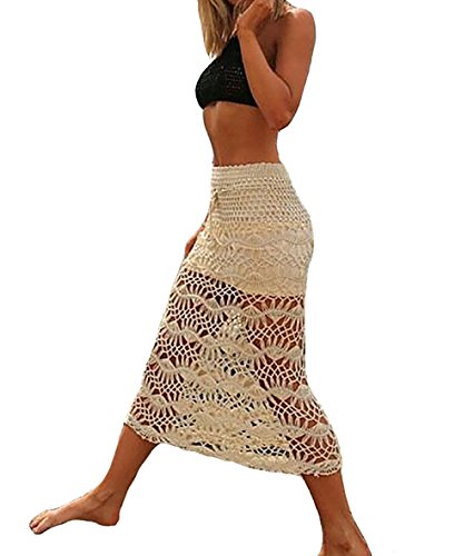 WenHong Women's Swimsuit Cover up Knit Crochet Maxi Skirt Beachwear Swimwear Off White