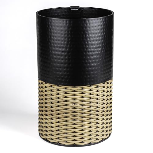 happimess HPM1102C Asher Modern 4.13-Gallon 2-Tone Faux Wicker/Metal Cylinder Waste Basket, Black/Natural for Home, Bathroom, Living Room, Office, Bedroom, Kitchen