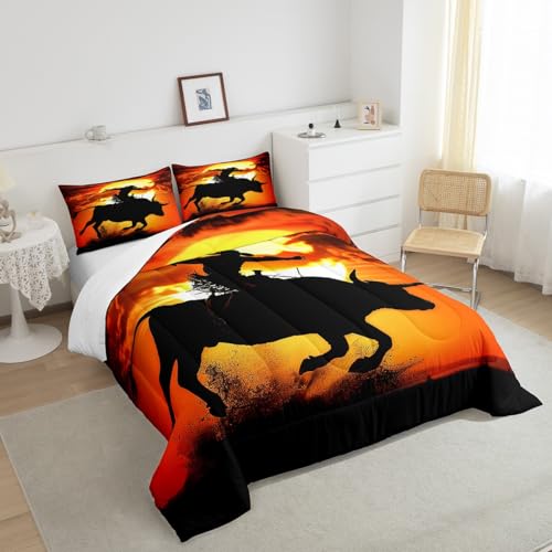 Image of Feelyou Western Cowboy Comforter Set Rodeo Cowboy Riding Bull Bedding Set for Kids Boys Teens Adults Vintage Comforter Soft Quilt with 2 Pillowcases 3Pcs Bedding Full Boys
