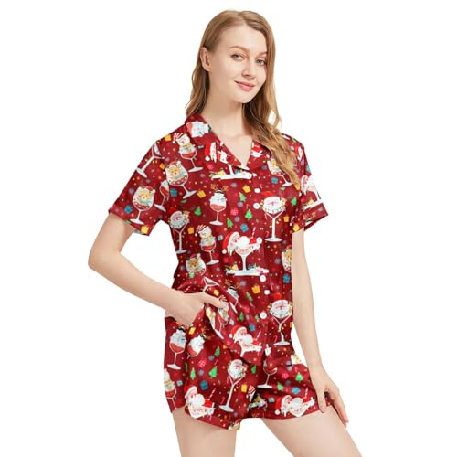 Image of Funny Satin Pajamas Set for Women Button Down Sleepwear Print Pjs Set 2 Piece Short Sleeve Loungewear Gift for Women