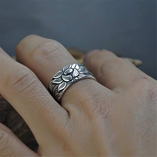 BALMORA 999 Women's Men's Lovers Sterling Silver Band Rings Vintage Adjustable Lotus Religious Heart Sutra Letters Jewelry