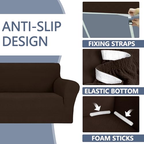 JIVINER Stretch Loveseat Slipcovers 1 Piece Love Seat Sofa Cover Spandex 2 Seater Couch Covers Universal Furniture Protector with Elastic Bottom (Medium, Coffee Rhomb)