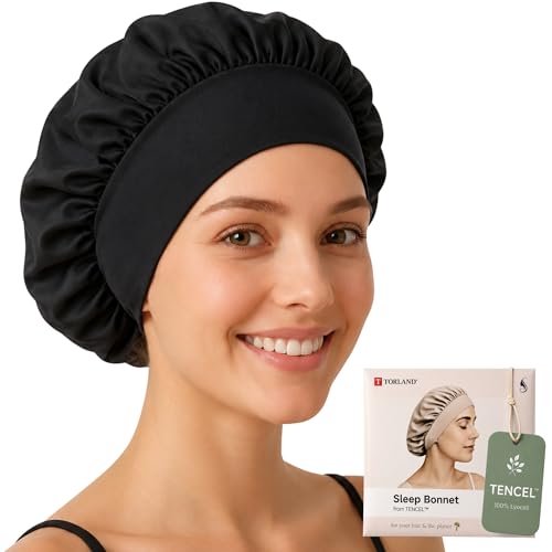 TORLAND Bonnet Schlafhaube aus 100% Tencel Holzfaser vegane Seidenhaube zum Schlafen mit verstellbarem Elastikband | besonders pflegeleicht Oeko-TEX Standard 100 Zertifiziert (Schwarz - Normal)