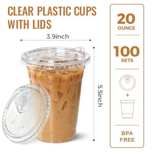 Image of Ginkgo 100 Pack 20 oz Clear Plastic Cups with Strawless Sip Lids