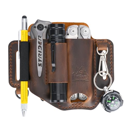 FLYHOMES Premium Full-Grain Genuine Cowhide Leather Multitool Sheath | Handmade Stitched Belt Organizer for Leatherman, Flashlight, Pen & EDC Tools | Multi-Tool Holster Pouch with Keychain Clip