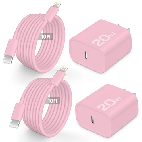 AISNI Fast Charger Block for iPhone 14 13 Fast Charging with 10 Foot Fast Charging Cable MFi-Certified 20W PD USB C i-Phone Charger 10 ft Compatible with iP14 Plus/14/13/12/11 Pro Max (2-Pack Pink)