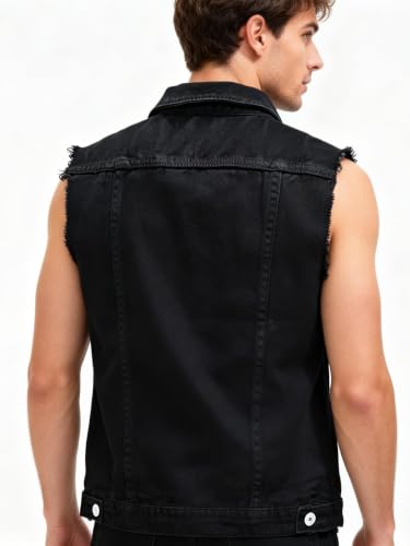 Image of Men's Sleeveless Ripped Denim Vest Casual Slim Fit Button Down Jeans Vests Jacket